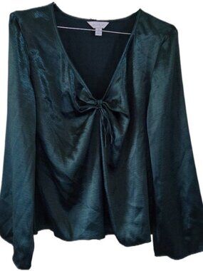 Belle + Sky Forest Green V Neck Long Sleeve Blouse